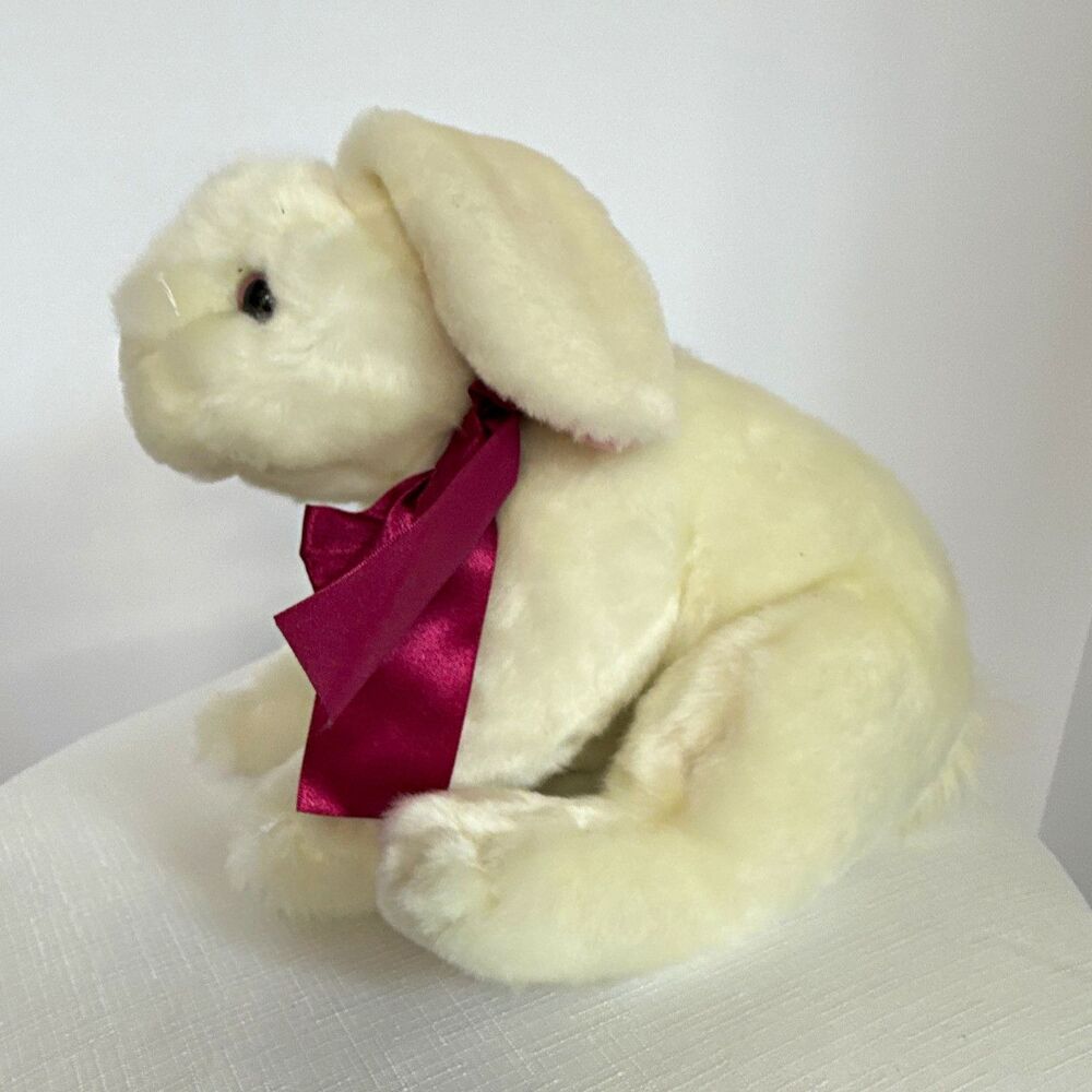 Vintage Off-White Plush Bunny Rabbit Stuffed Animal with Magenta Ribbon